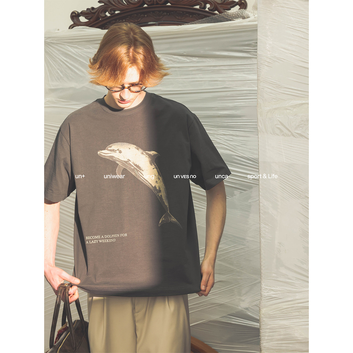 Unvesno(UN) 复古慵懒海豚夏日感竹节棉宽松男女短袖T恤,淘宝优惠券,粉丝福利购,淘宝优惠卷