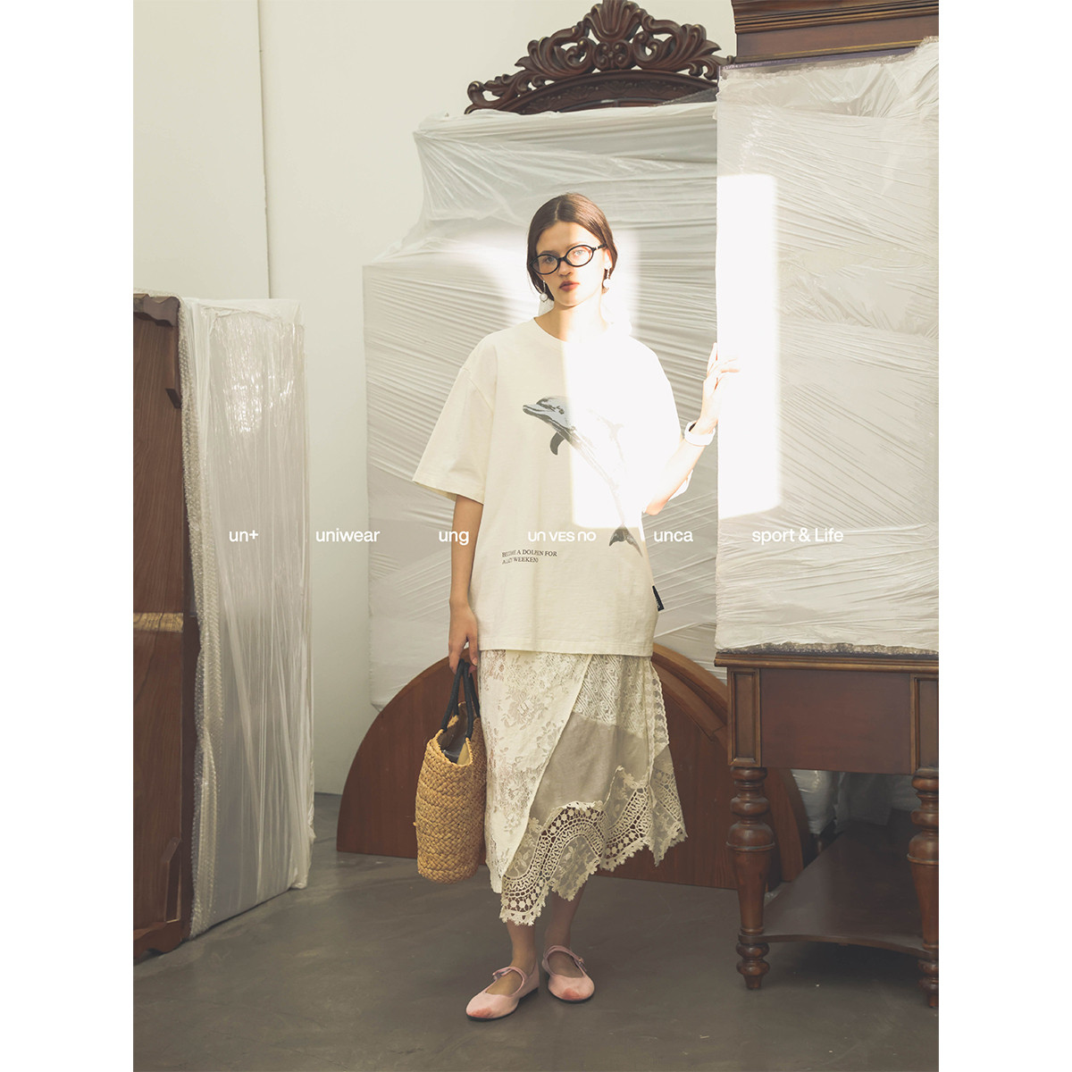 Unvesno(UN) 复古慵懒海豚夏日感竹节棉宽松男女短袖T恤,淘宝优惠券,粉丝福利购,淘宝优惠卷