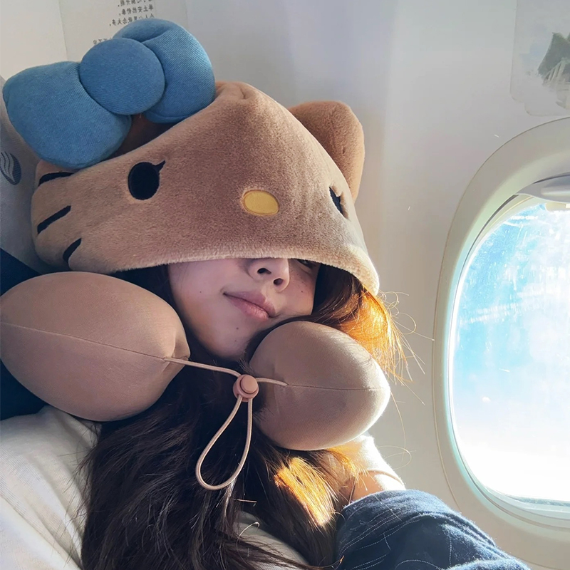 可爱KT猫u型枕连帽冬季旅行便携睡觉长途护颈椎脖子办公室带帽子 - 图1