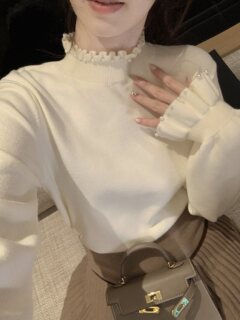 Yunuonuo apricot half turtleneck sweater for women in autumn and winter ear-beaded soft and waxy thickened inner base sweater