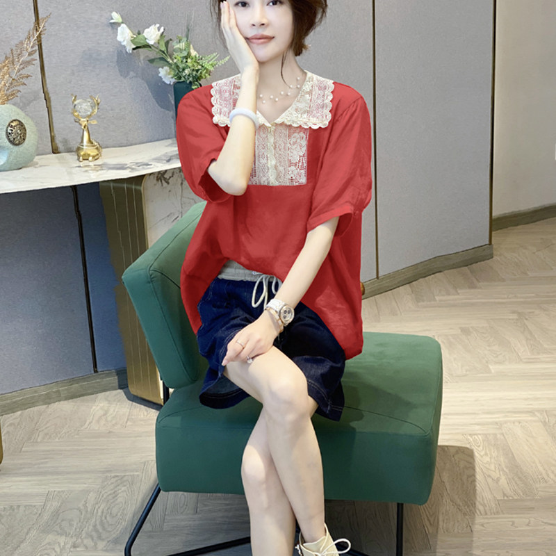 娃娃领拼接蕾丝洋气设计感休闲衬衫 崇妍衬衫