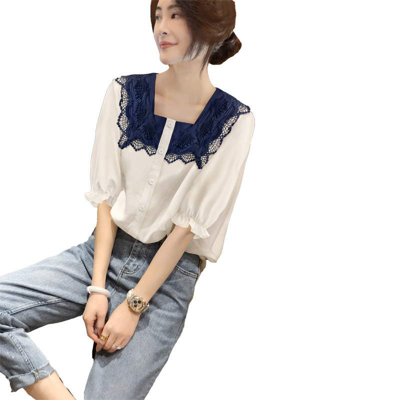 白色泡泡袖洋气高级感薄款蕾丝衬衫 崇妍衬衫