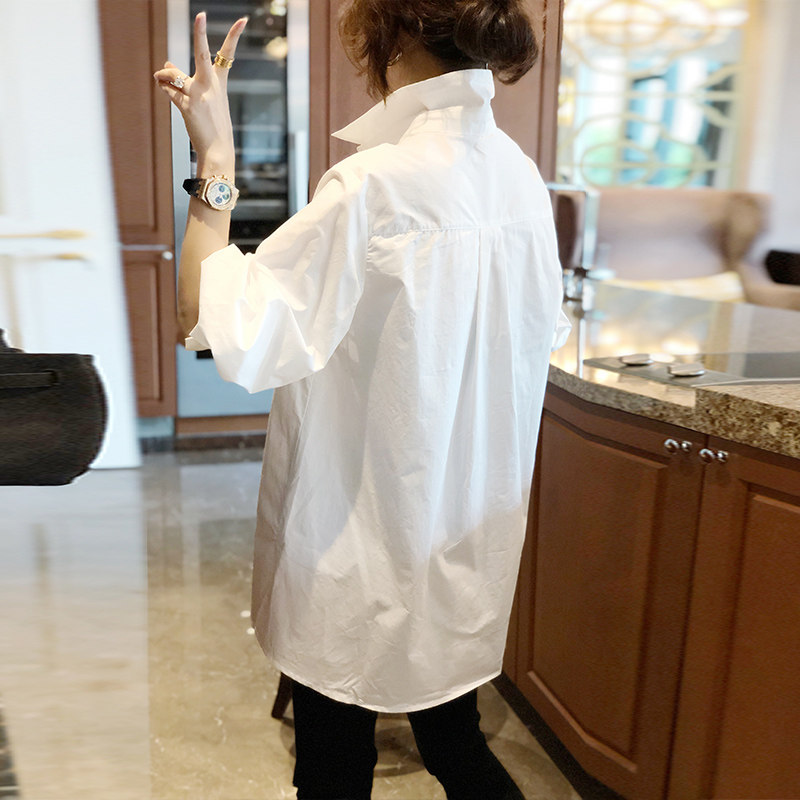 白色女中长款洋气宽松韩版纯棉衬衫 崇妍衬衫
