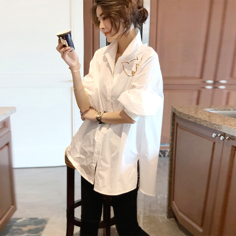 白色女中长款洋气宽松韩版纯棉衬衫 崇妍衬衫