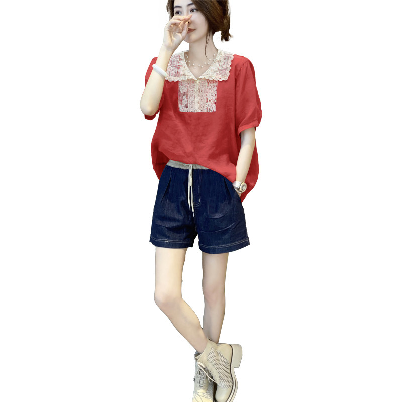 娃娃领拼接蕾丝洋气设计感休闲衬衫 崇妍衬衫