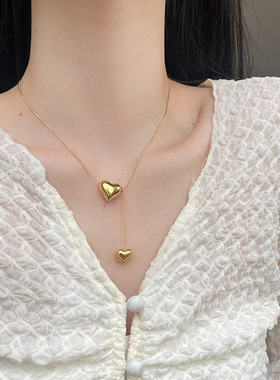 简约立体双爱心钛钢项链女小众设计高级感桃心吊坠时尚心形锁骨链