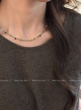 天然绿色石串珠项链女款2025新款高级感轻奢小众设计锁骨链颈链