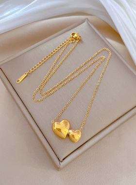 【通体钛钢】光面双爱心气质个性极简风炉内真金项链女ins锁骨链