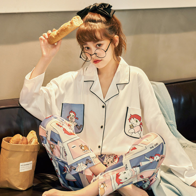 南极人冰丝长袖春秋款韩版宽松睡衣 南极人匹搏睡衣/家居服套装