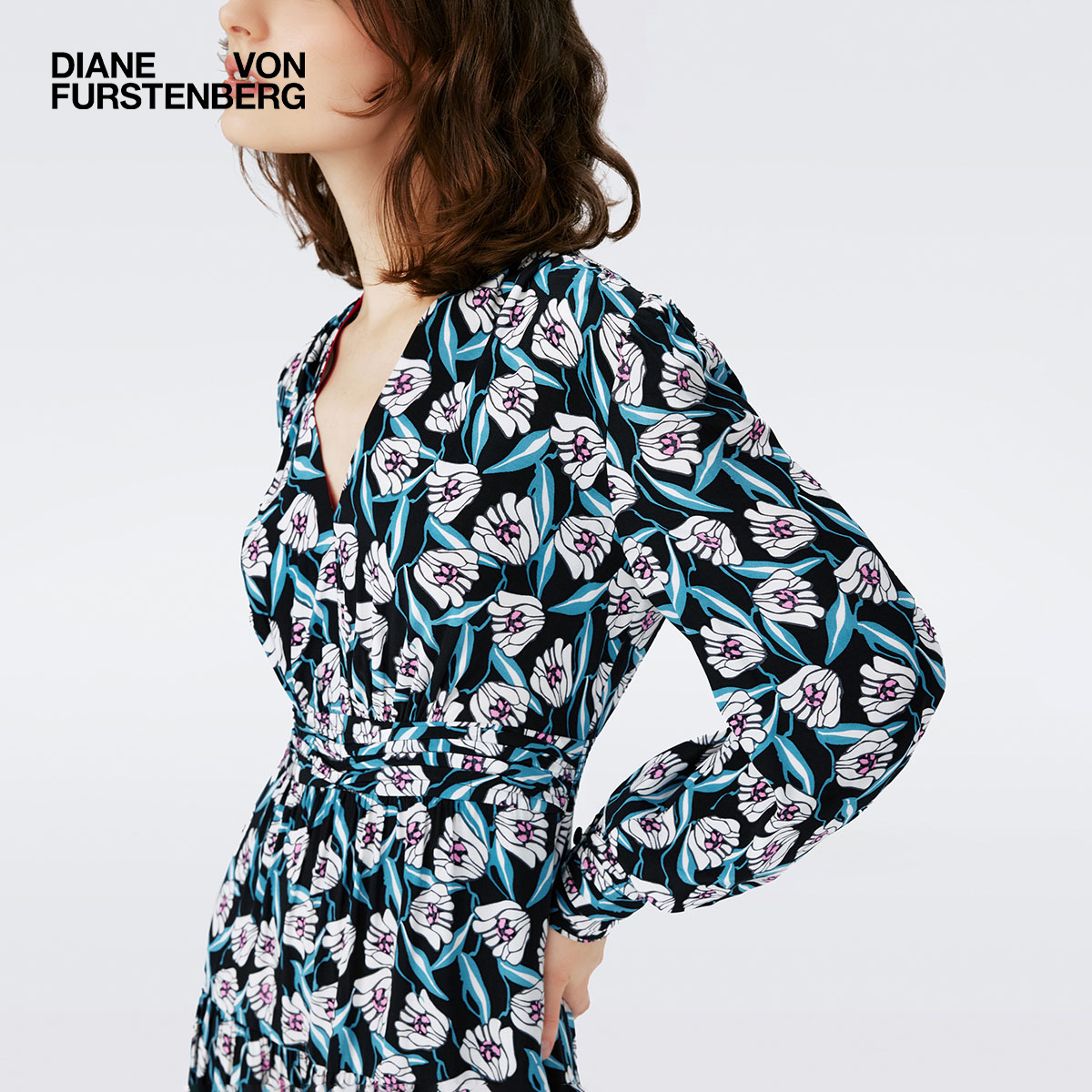 [玫瑰相似款]DVF长袖蓝白印花收腰长裙连衣裙DL4R021 - 图0