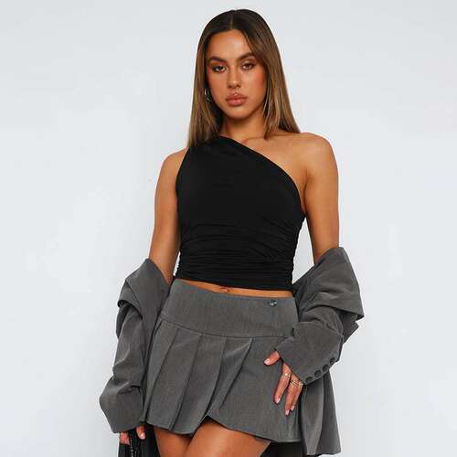 Single shoulder open back pleated vest top T-shirt for women - 图0