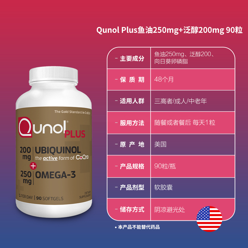 Qunol 200mg泛醇+250mg深海鱼油活性Coq10还原辅酶Q10保健美国-图3