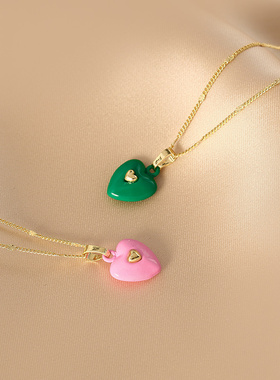 花迹绿色爱心吊坠项链女