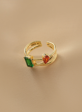 花迹红绿色锆石戒指女小众设计高级感气质食指戒时尚个性开口指环