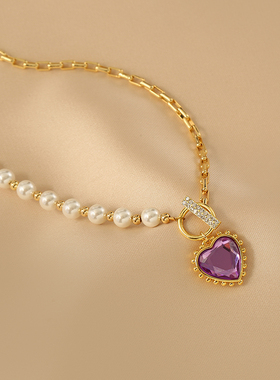 花迹紫色爱心项链女原创设计师款