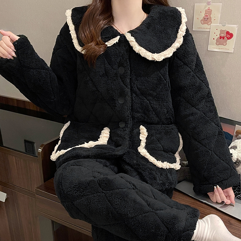 珊瑚绒睡衣女冬季三层夹棉袄秋冬款加厚加绒冬天保暖法兰绒家居服