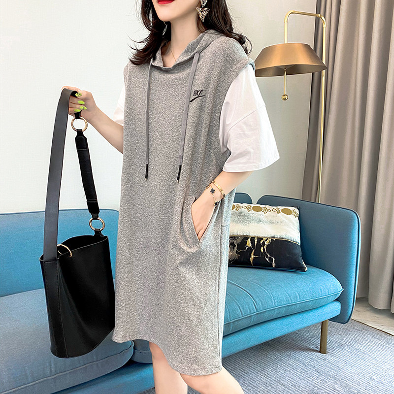 宽松中长款带帽假两件连衣裙卫衣裙 洁卉娜连衣裙