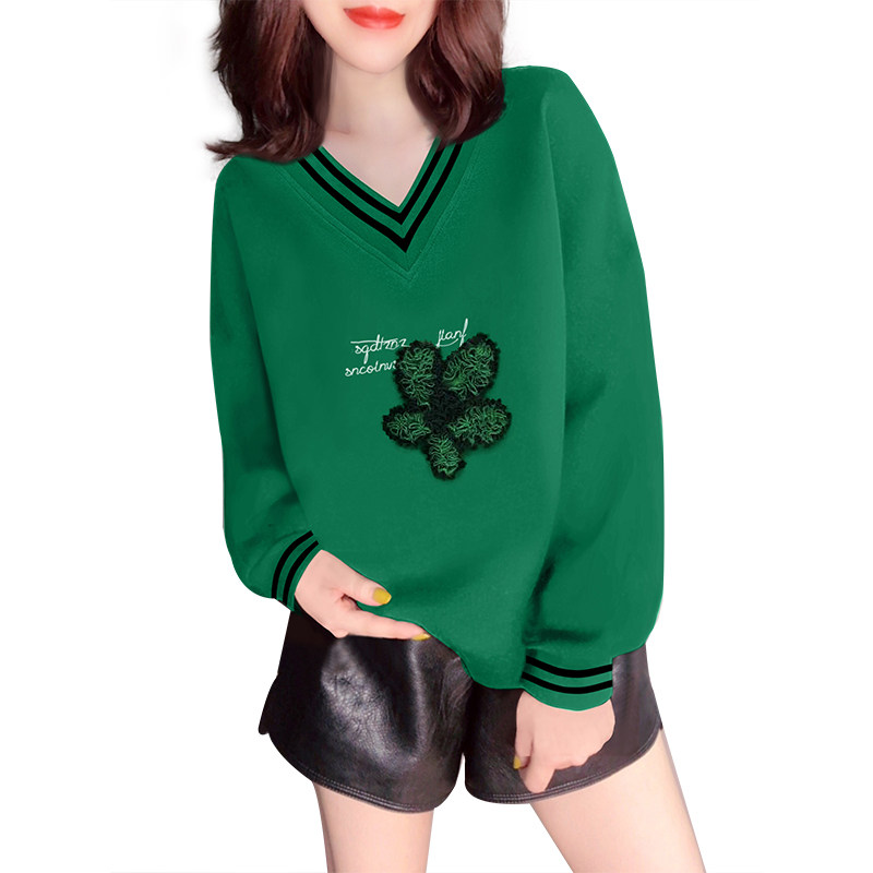 绿色条纹v领设计感立体花朵卫衣 蜜恒卫衣/绒衫