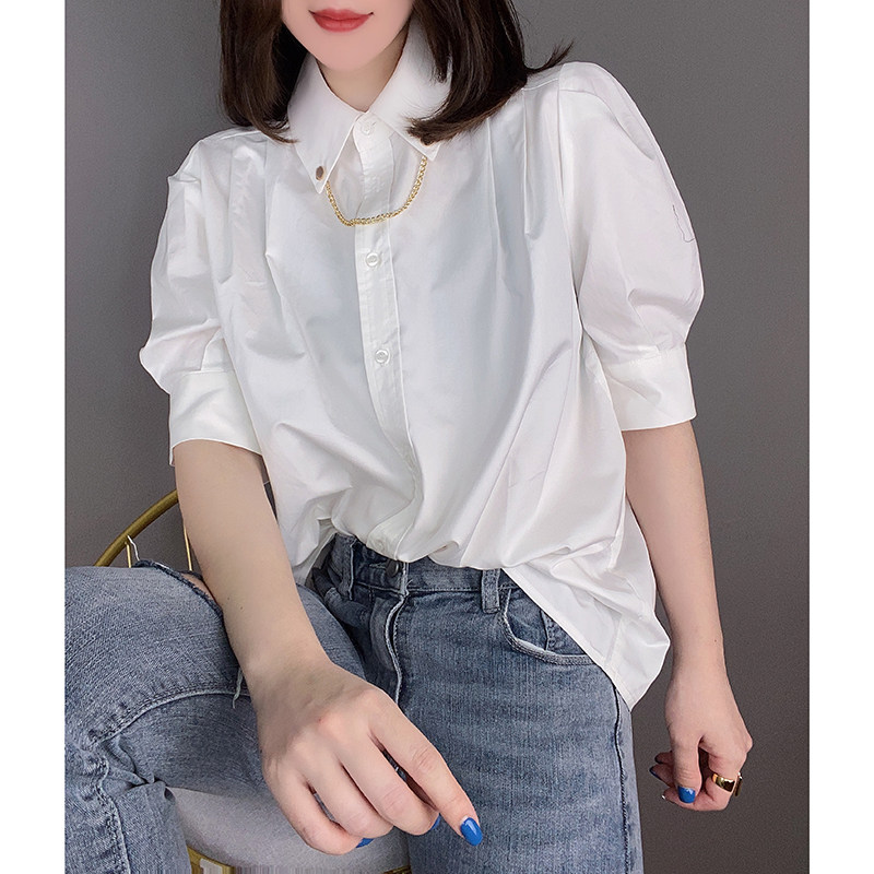 气质宽松白色五分泡泡袖欧洲站衬衫 蜜恒衬衫