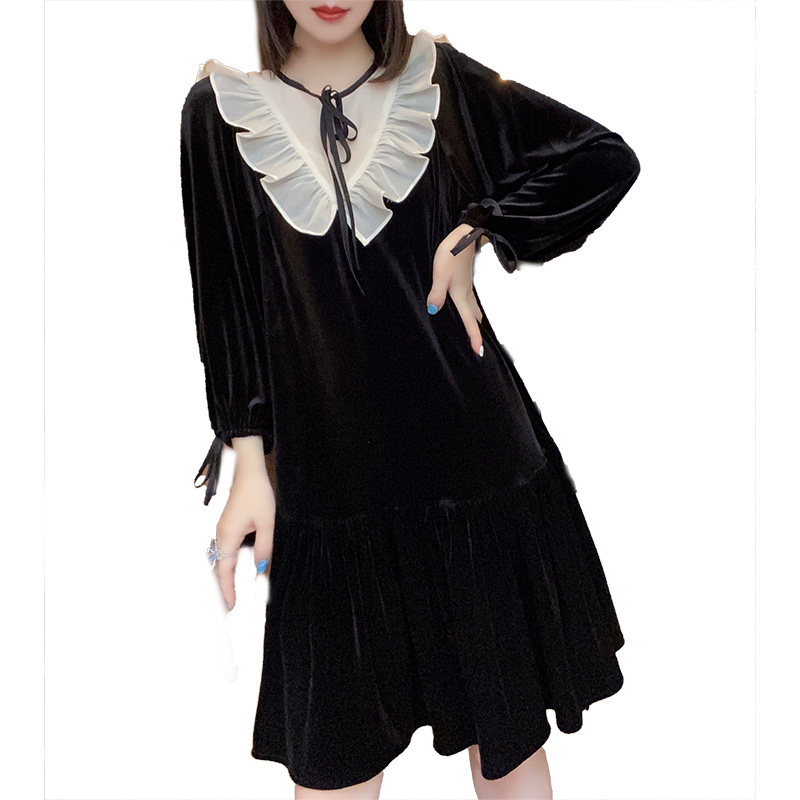 法式复古网纱拼接丝绒小黑裙连衣裙 蜜恒连衣裙