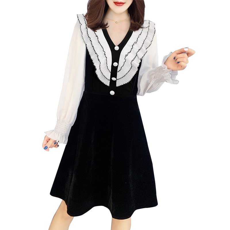 法式气质拼接v领收腰a字连衣裙 蜜恒连衣裙