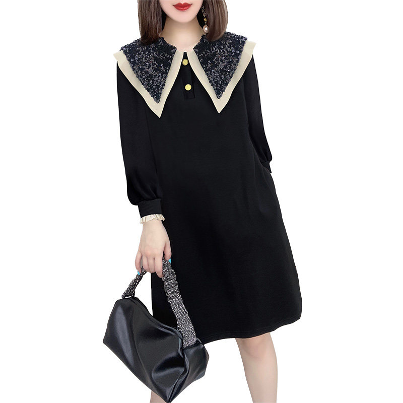 赫本风气质娃娃领黑色直筒连衣裙 蜜恒连衣裙