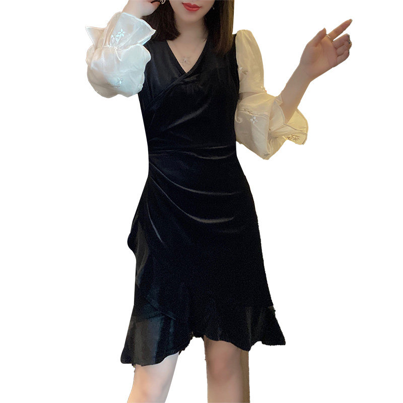 法式收腰气质荷叶边裙名媛连衣裙 蜜恒连衣裙