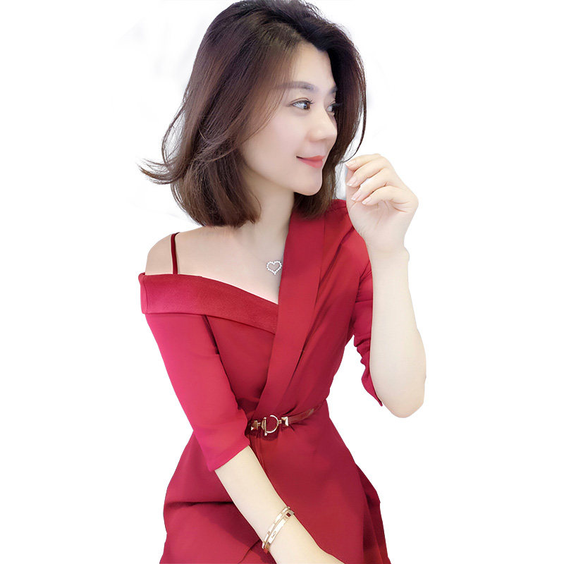 法式车厘子红v领性感吊带秋晚礼服 蜜恒连衣裙