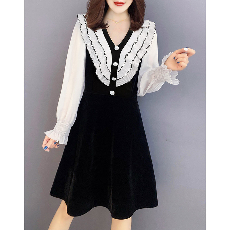 法式气质拼接v领收腰a字连衣裙 蜜恒连衣裙