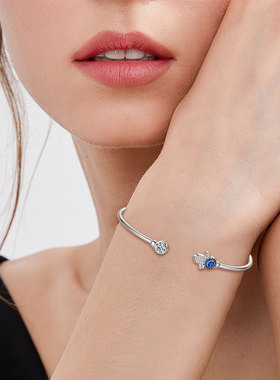 S925纯银包镶圆形锆石法蒂玛之手开口手镯女新款手饰