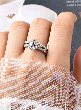 爆款D色莫桑石叠戴戒指s925纯银2克拉鸽子蛋扭臂轻奢指环一戒两带