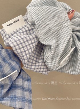海盐蓝色系条纹格纹碎花大肠发圈头绳甜美百搭布艺扎发皮筋发