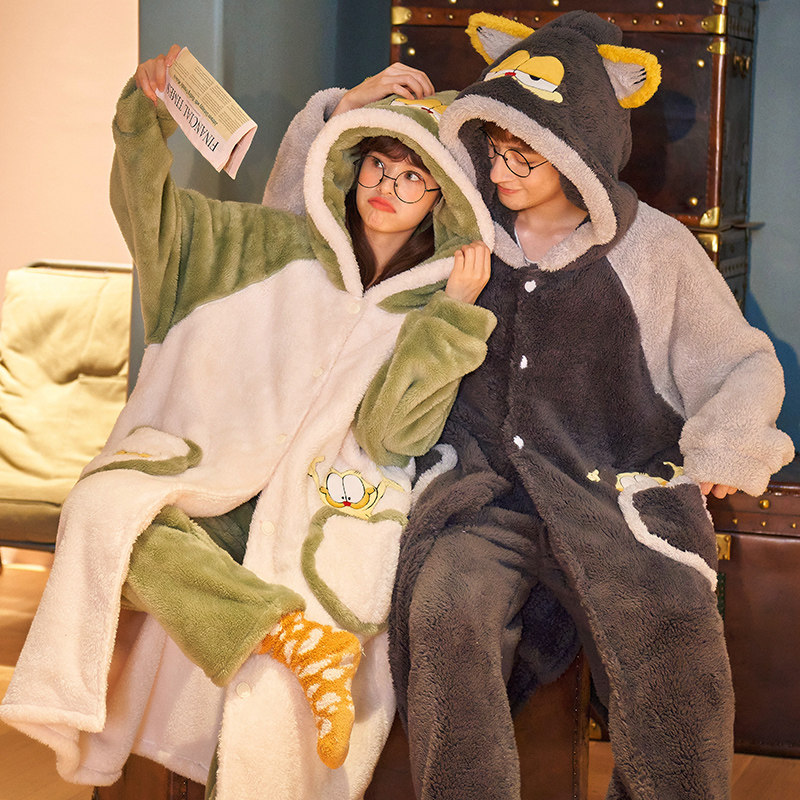 情侣秋冬季珊瑚绒可爱加绒冬天睡袍 芸茹媗睡衣/家居服套装
