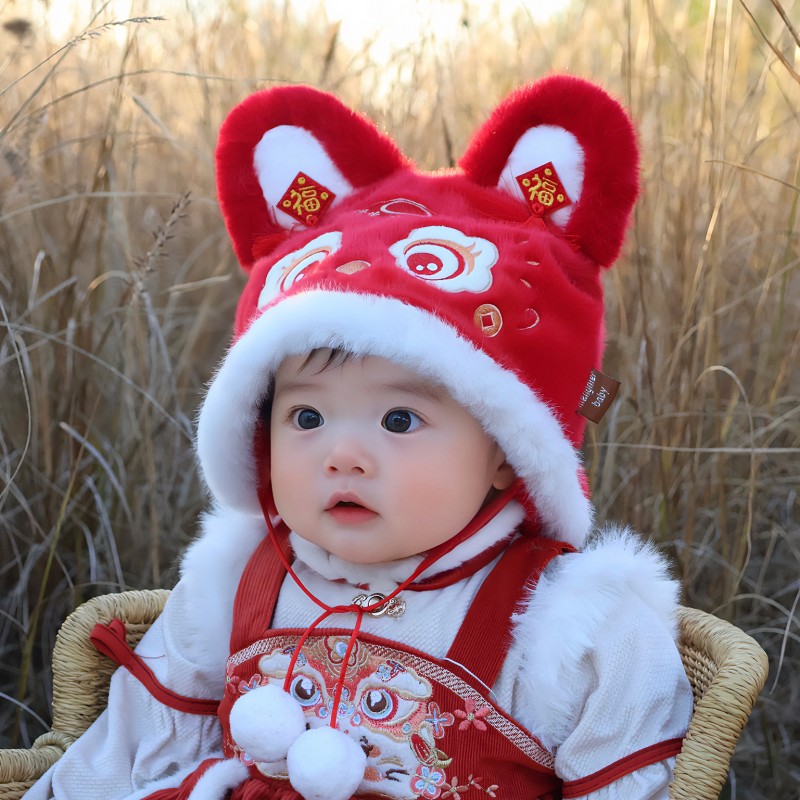 婴儿新年帽子冬季超萌喜庆宝宝虎头帽秋冬男女幼童红色毛绒护耳帽