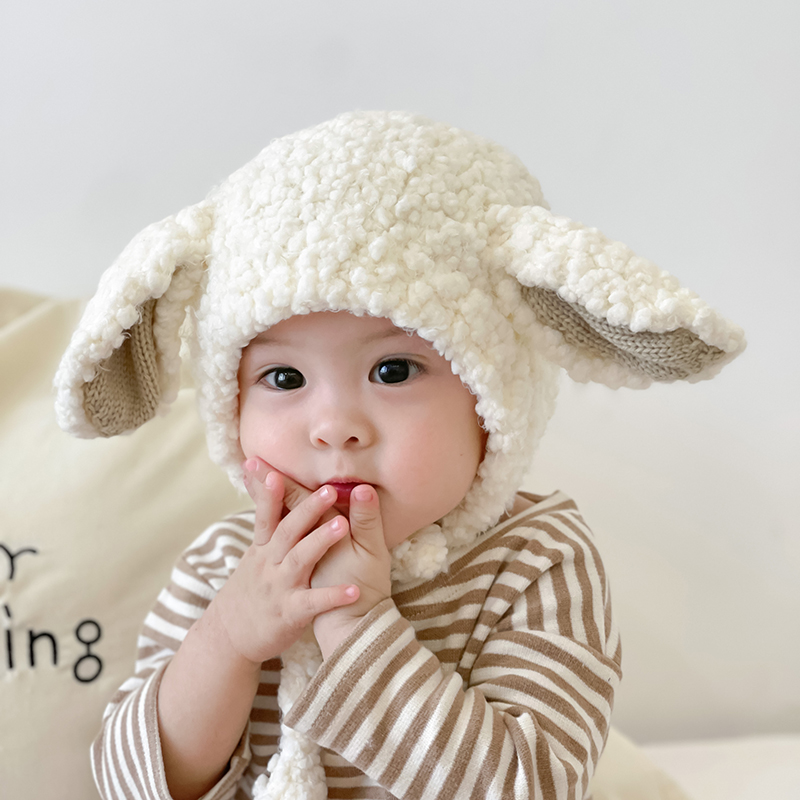 宝宝帽子冬款羊耳朵护耳婴儿毛绒帽男孩女童秋冬季加厚儿童毛线帽