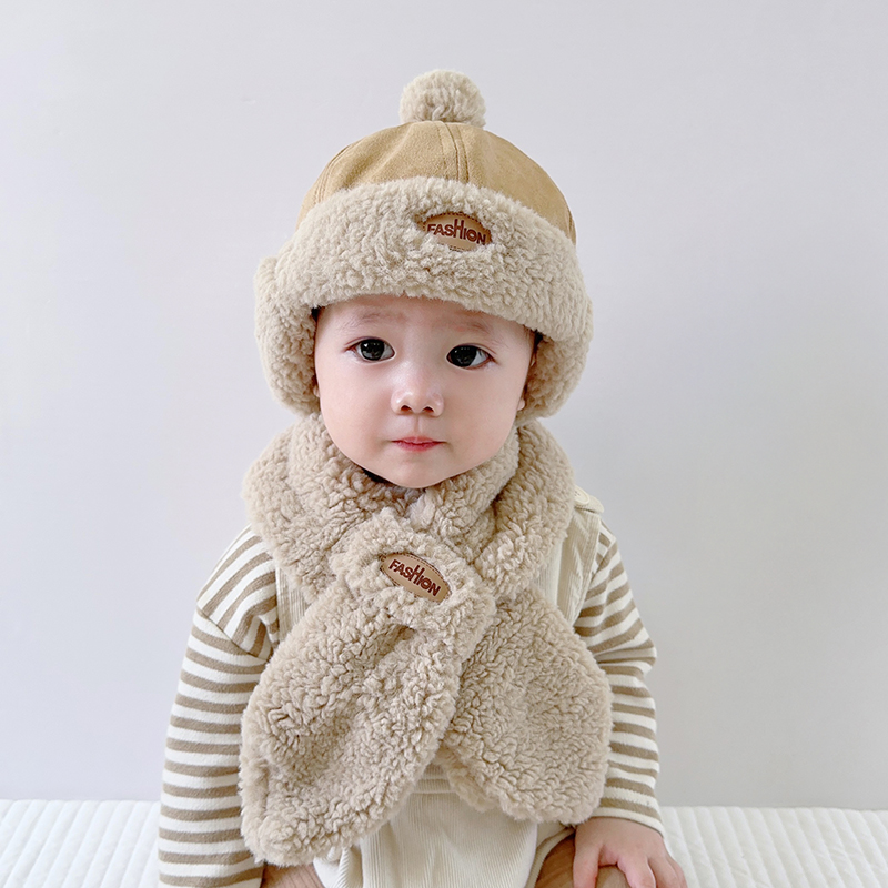婴儿雷锋帽冬季韩版护耳帽子围巾套装秋冬天男宝宝儿童加绒保暖帽 - 图1