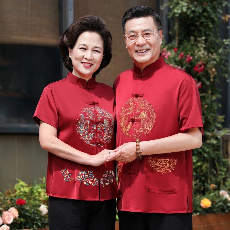 桑蚕丝中老年唐装男短袖薄款中国风 柒赢唐装