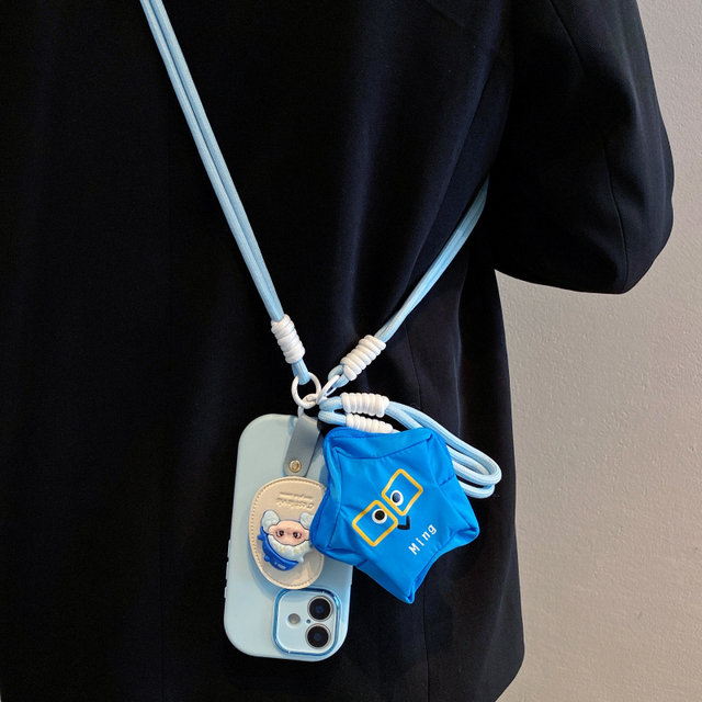Blue hat Dora bracket suitable for Apple 16pro mobile phone case 15promax crossbody strap 14pro hand storage bag iPhone 13 anti-fall 12pro creative xsmax cartoon 11 protective case