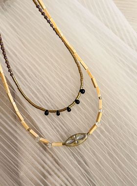 沙丘 美拉德风双层百搭小众棕色系天然石手作串珠项链