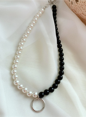 Justine clenquet项链20新款黑白撞色珍珠圆环吊坠choker女锁骨链