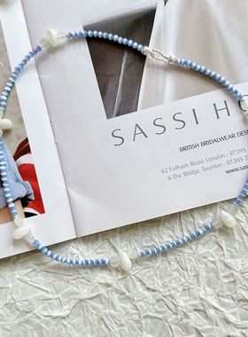 新款ins风海洋系列海边沙滩海蓝色猫眼石米珠项链可叠戴颈链项链