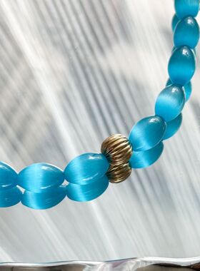 「蓝色妖姬」湖蓝猫眼石复古南法大气小众设计项链