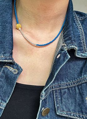 火山石圆珠天蓝色米珠串珠个性独特钛钢不掉色锁骨链