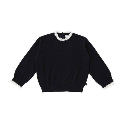 benebene韩国童装新款女童针织T恤手工蕾丝边儿童羊毛毛衣 - 图0