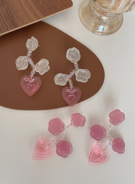 S925银针简约磨砂粉白玫瑰花耳钉