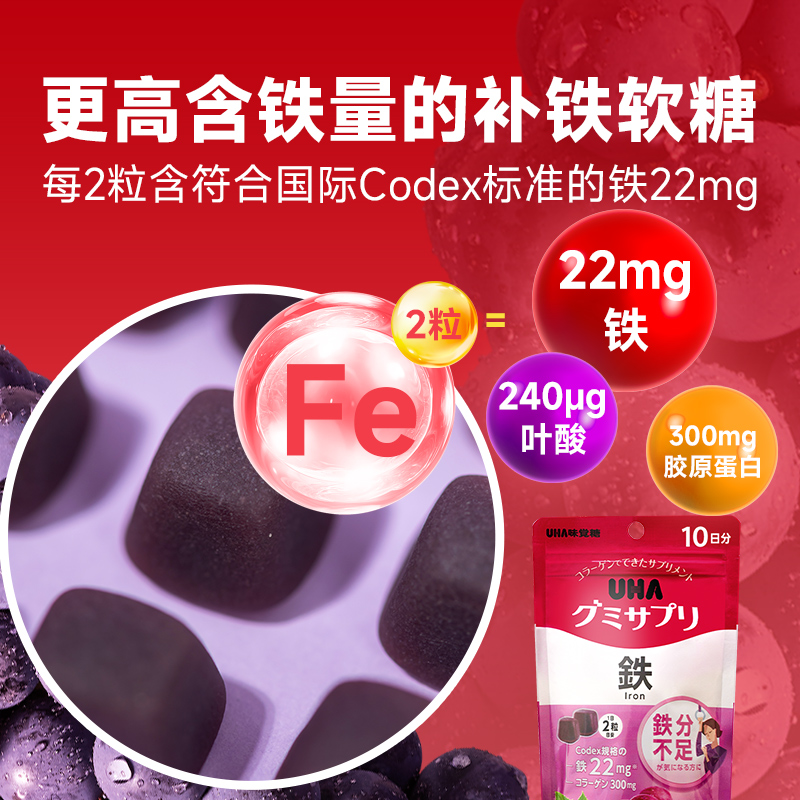悠哈味觉糖进口UHA补铁叶酸叶黄素复合维生素VC营养软糖试用装