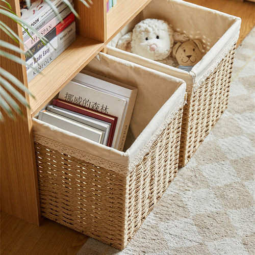 编织收纳筐定制格子书柜仿藤编玩具书籍储物盒落地柜收纳篮正方形 - 图1
