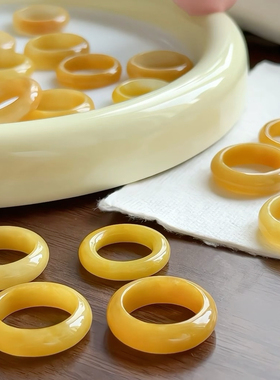 天然翡翠戒指黄翡翠戒指女黄玉石戒指指环素圈戒圈黄色