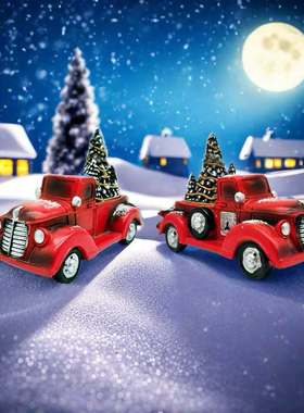 跨境新品树脂摆件工艺品圣诞卡红色汽车灯装饰闪烁丁圣诞树led拉