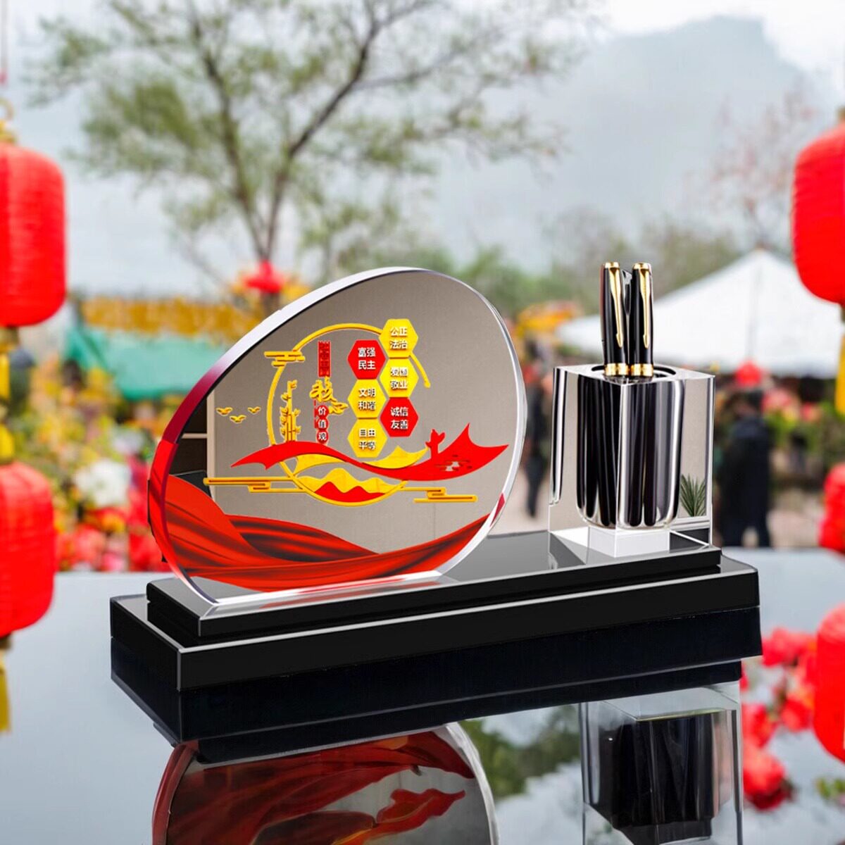 定制水晶笔筒领导办公室摆件高档笔筒创意桌面笔收纳盒送礼颁奖高级大容量笔筒桌面装饰开业退伍礼品轻奢男士